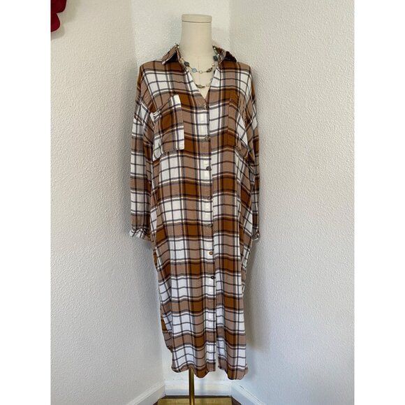 Show Me Your Mumu Leo Button Down Long Tunic Dress Size Small Tan/Blue Plaid - Picture 3 of 13